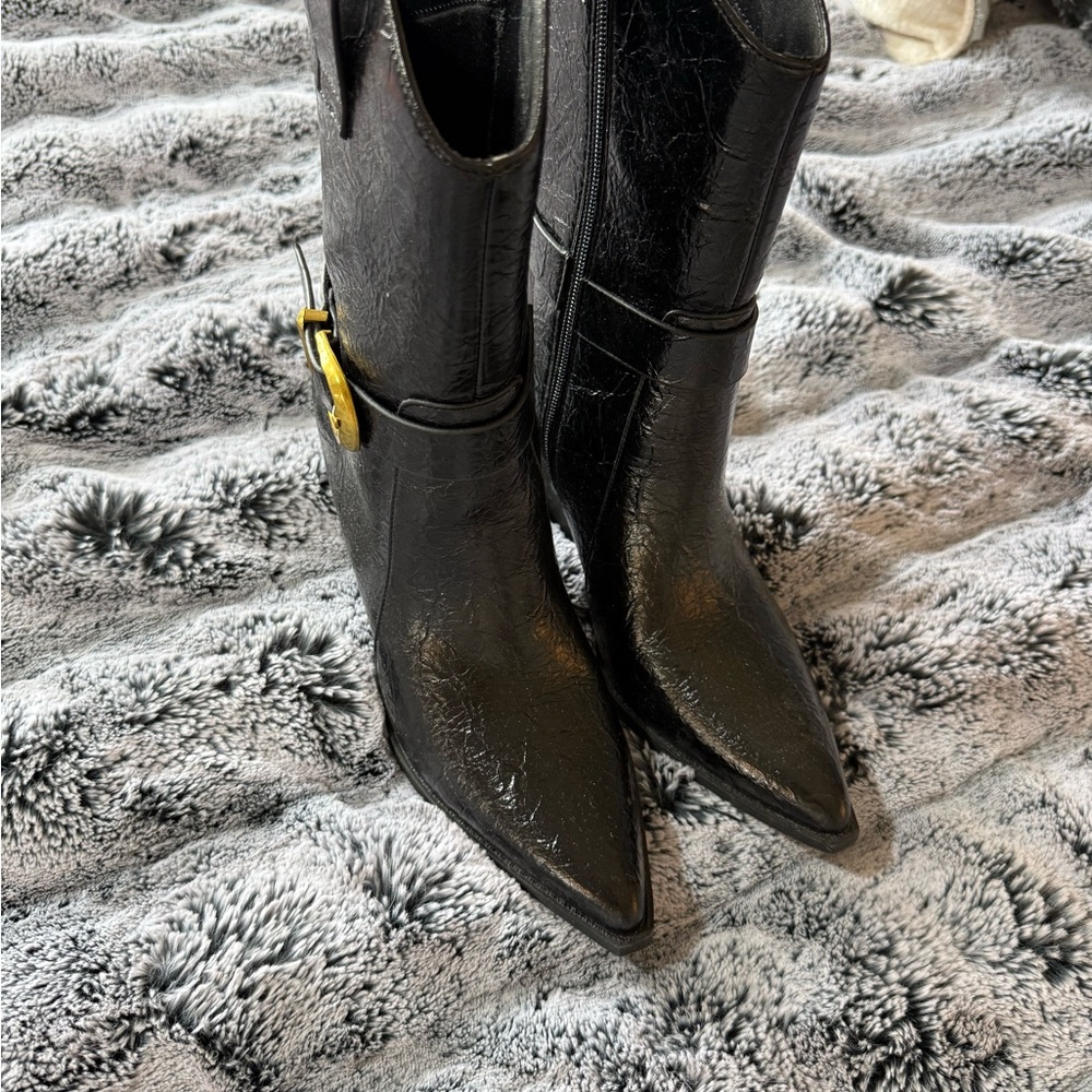 New York & Company Black Heeled Boots with Gold Buckle